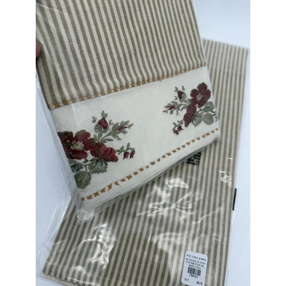 Pottery barn stripe embroidered floral kitchen towel Cotton Beige Flowers Set 2
